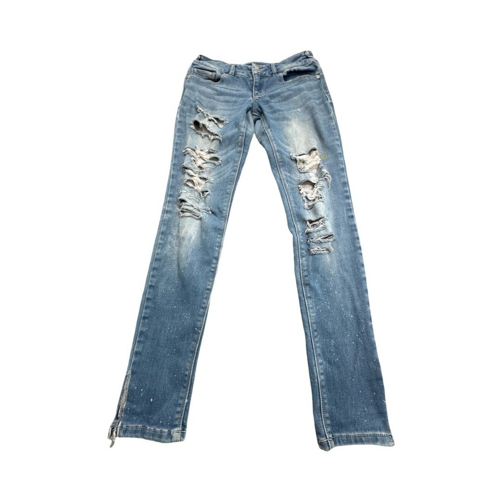 Vanity Jeans Women 27W 32L Blue Skinny Distressed Paint Splatter Low Rise Denim